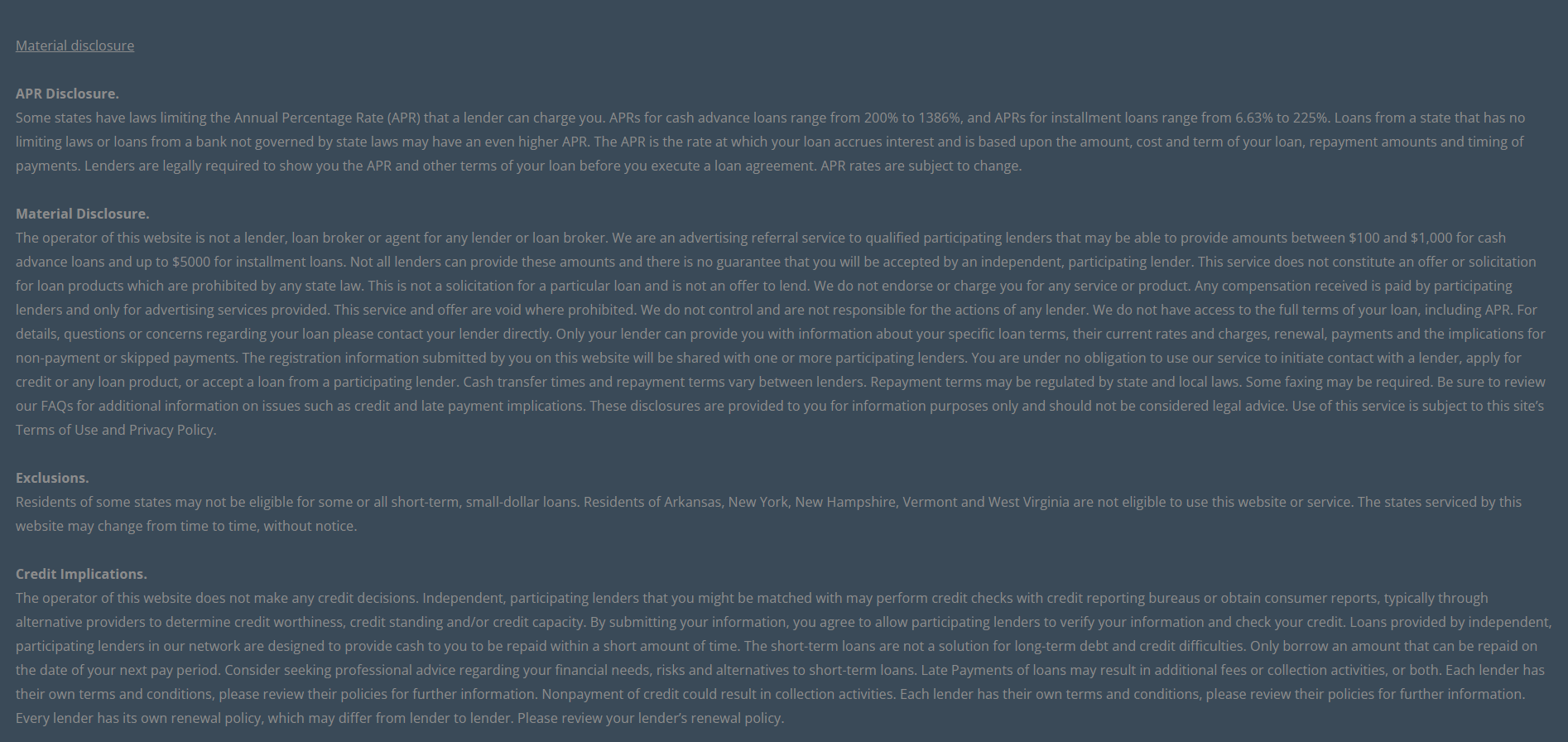 Material disclosure for payday loans in McAllen Texas